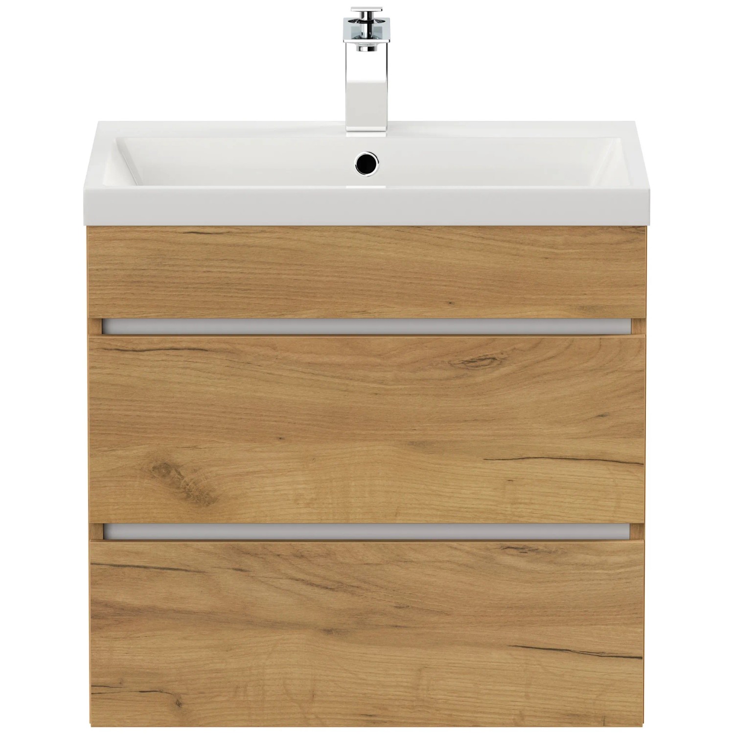 Posseik Badmöbel Fellini 60 in Eiche Gold mit Waschbecken und 3 Schubladen ohne Griffe.