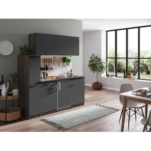 Respekta Küchenzeile KB180EYG, 180 cm, Grau/Eiche York Nachbildung, mit Spüle und Kühlschrank.