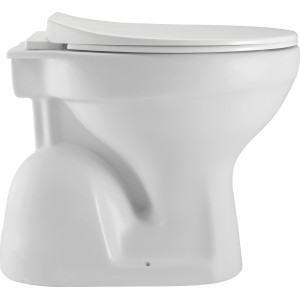 Weißes Stand-WC mit S-Abgang, 53x36x39 cm, aus Keramik mit geschlossenem Deckel.