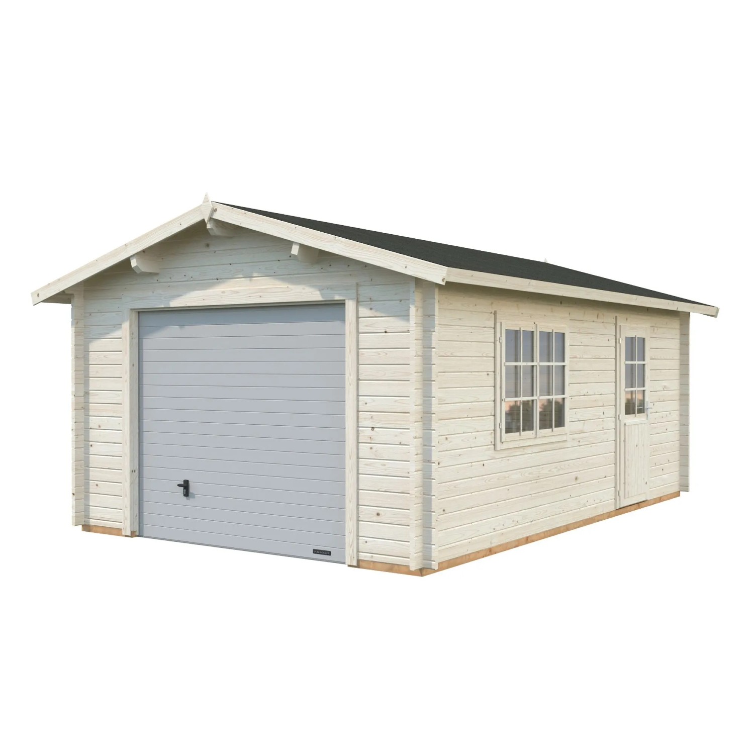 Palmako Holzgarage Roger mit Sektionaltor, naturbelassen, mit Fenster und Tür.