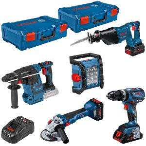 Bosch Professional 18V Akku-Geräte Set, 5-teilig: Schlagbohrschrauber, Winkelschleifer, Bohrhammer, Säbelsäge, Baulampe, Akkus, Ladegerät, Boxen.