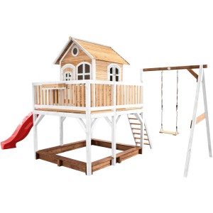 Axi Liam Spielhaus mit Schaukel, Rutsche, Sandkasten, Holz, braun-weiß. Ideal für Kinder zum Spielen im Garten.
