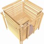 Karibu Sauna Mia aus Fichte im Aufbau: Massivholzsauna mit Tür, Liegen und Ofenschutzgitter.