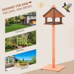 PawHut Vogelhaus aus Holz auf Ständer mit braunem Dach. Ideal für Garten, Terrasse, Balkon. Ein Vogel fliegt.