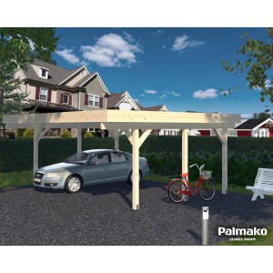 Palmako Doppelcarport Karl aus Naturholz, 600x512cm, mit Auto und Fahrrad untergestellt.