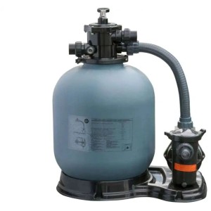 Poolcrew Sandfilteranlage 10 m³/h, grauer Filterkessel mit Pumpe und Schlauch.