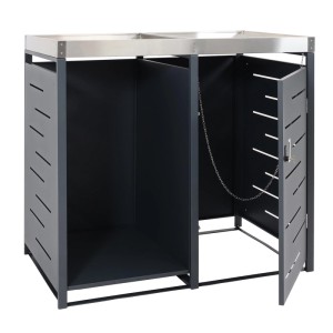 Anthrazitfarbene Mülltonnenbox mit Holzlager, 125x130x80 cm, mit Kippvorrichtung und abschließbarer Tür.