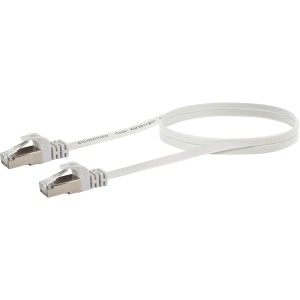 Weißes Schwaiger CAT-6-Netzwerkflachkabel (1,5 m) mit RJ45-Steckern für Netzwerkverbindungen.