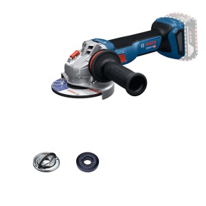 Blau-schwarzer Bosch Professional Akku-Winkelschleifer GWS 18V-11 S mit Schleifscheibe, Griff und Zubehör.