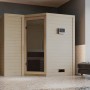 Karibu Sauna Steena 2 aus Fichte mit Ofen und externer Steuerung in naturbelassenem Holz.