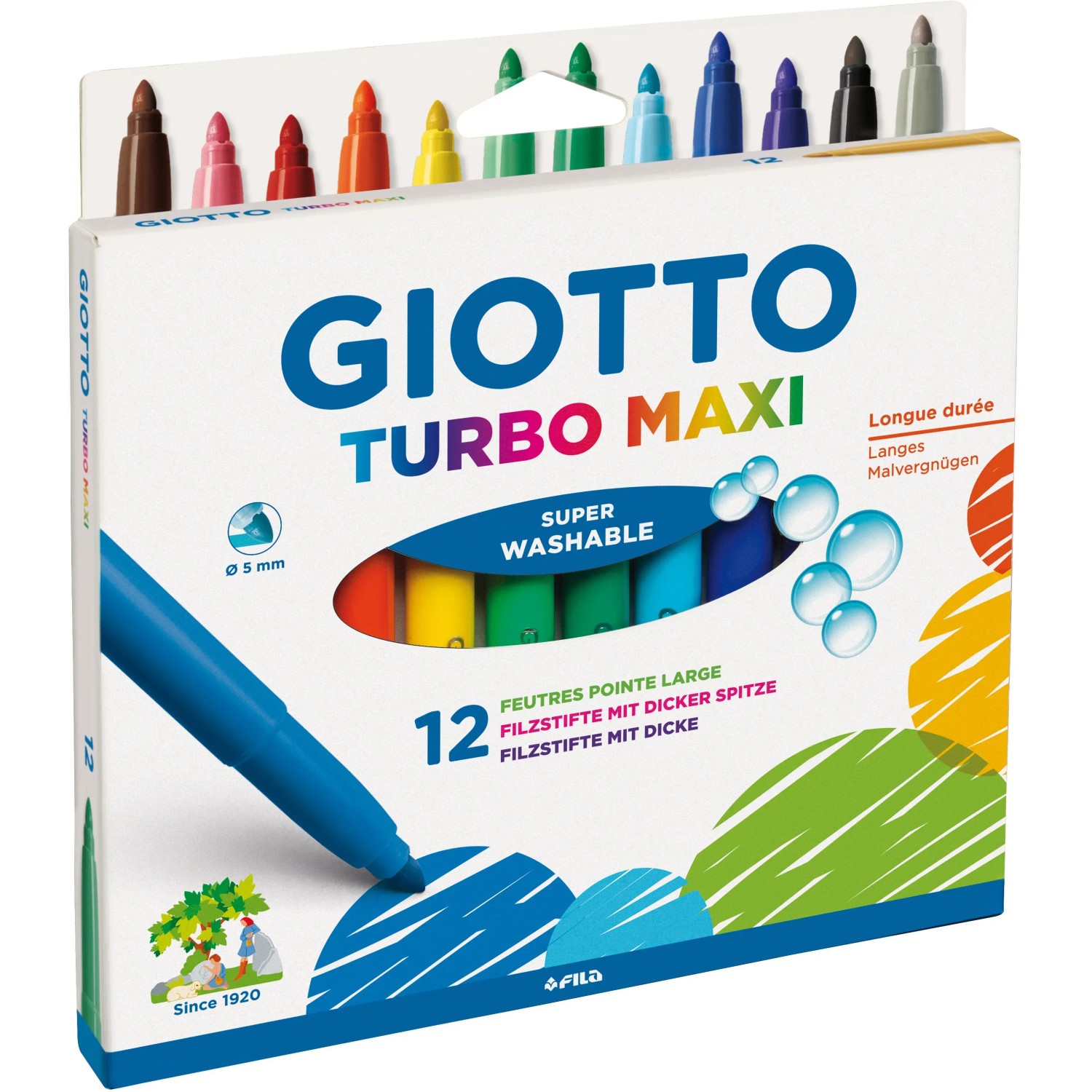Giotto Turbo Maxi Fasermaler, 12 Stifte in verschiedenen Farben mit dicker Spitze.