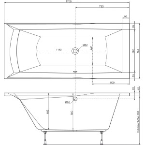 Technische Zeichnung der Porta Badewanne, 170x75 cm, mit Maßangaben für Installation.