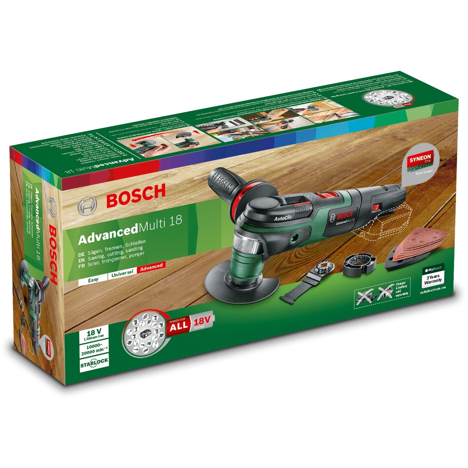 Bosch AdvancedMulti 18 V Akku-Multifunktionsgerät im Set mit Zubehör, ideal zum Sägen, Schleifen und Schaben.