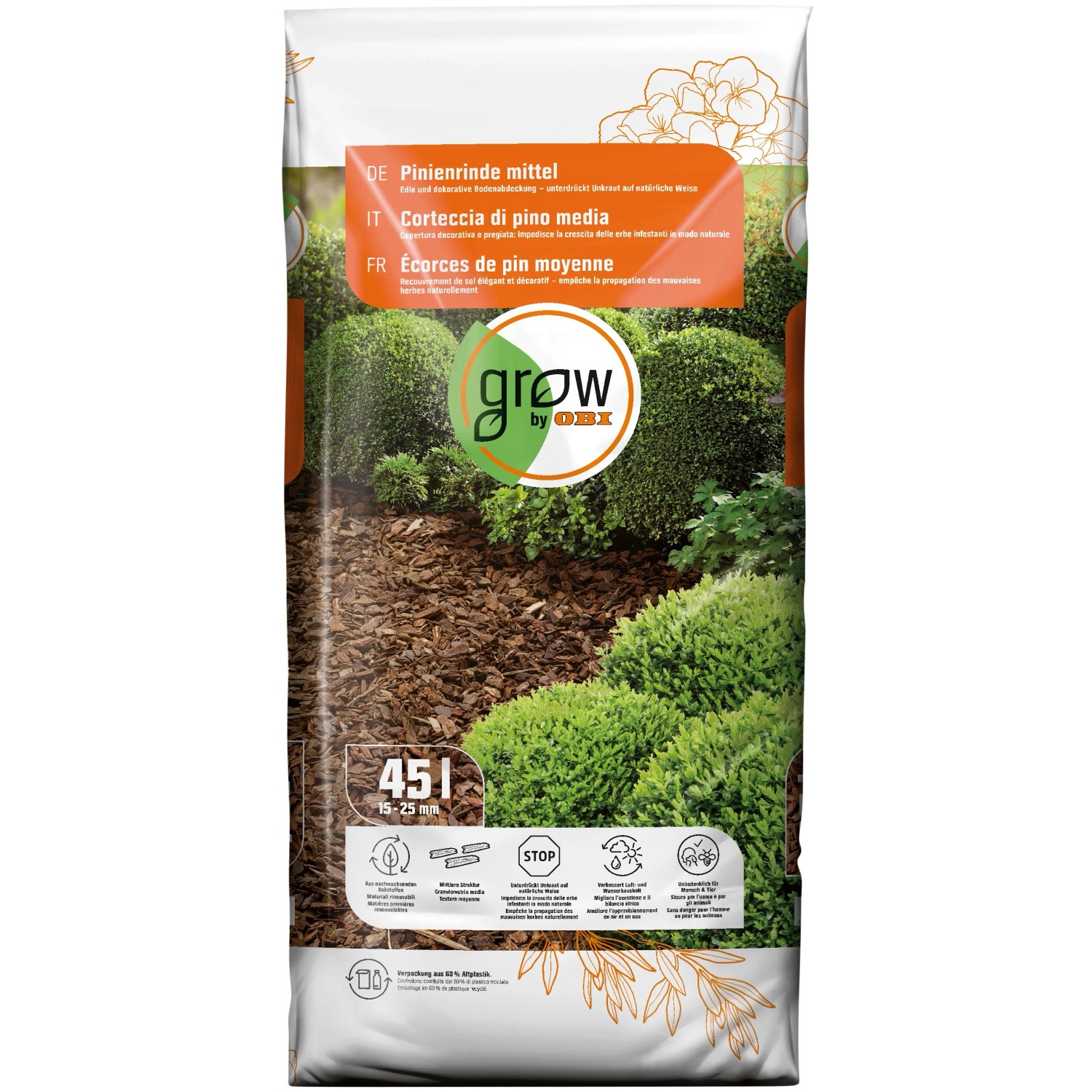 Sack GROW by OBI Pinienrinde mittel (15-25mm), 45l zur Beetabdeckung und Unkrautunterdrückung.