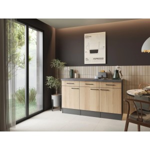 Respekta Oliver Sideboard, 150 cm, mit Artisan Eiche Fronten, dunkler Arbeitsplatte und drei Unterschränken in Küche.