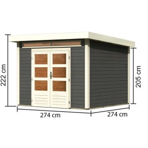 Karibu Holz-Gartenhaus Kumla 6, terragrau, mit Pultdach und Maßangaben.