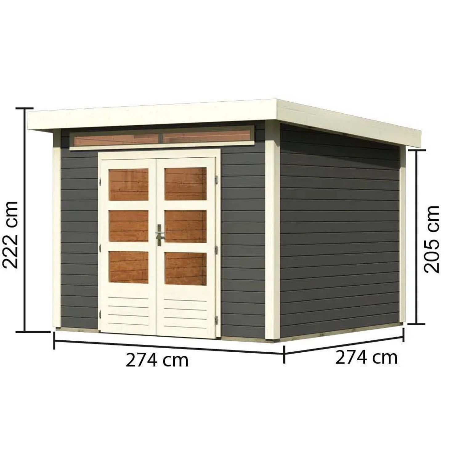 Karibu Holz-Gartenhaus Kumla 6, terragrau, mit Pultdach und Maßangaben.