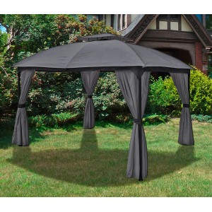 Anthrazitfarbener Garden Pleasure Pavillon Kama 3 x 3,6 m mit Seitenschals im Garten.