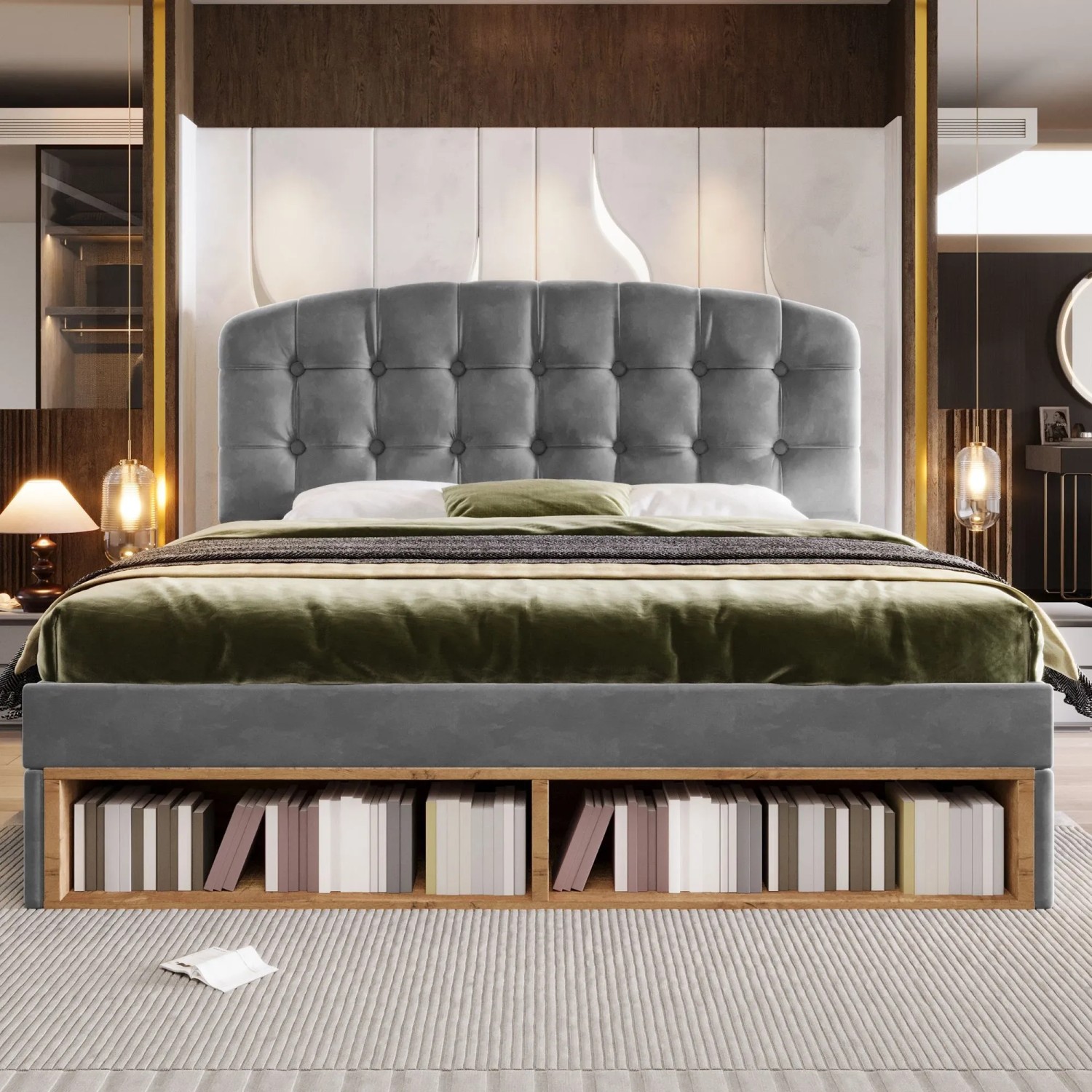 okwish Polsterbett 140x200cm mit Samtbezug Schubladen Jugendbett Grau ohne Matratze_3