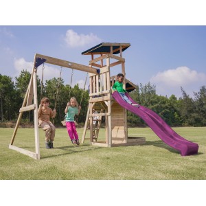 Axi Spielturm Malik mit Doppelschaukel Braun und Rutsche Lila FSC®