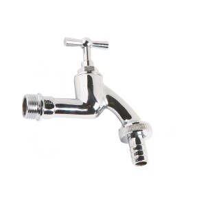 Verchromtes Auslaufventil 21 mm mit Knebel und Schlauchverschraubung.