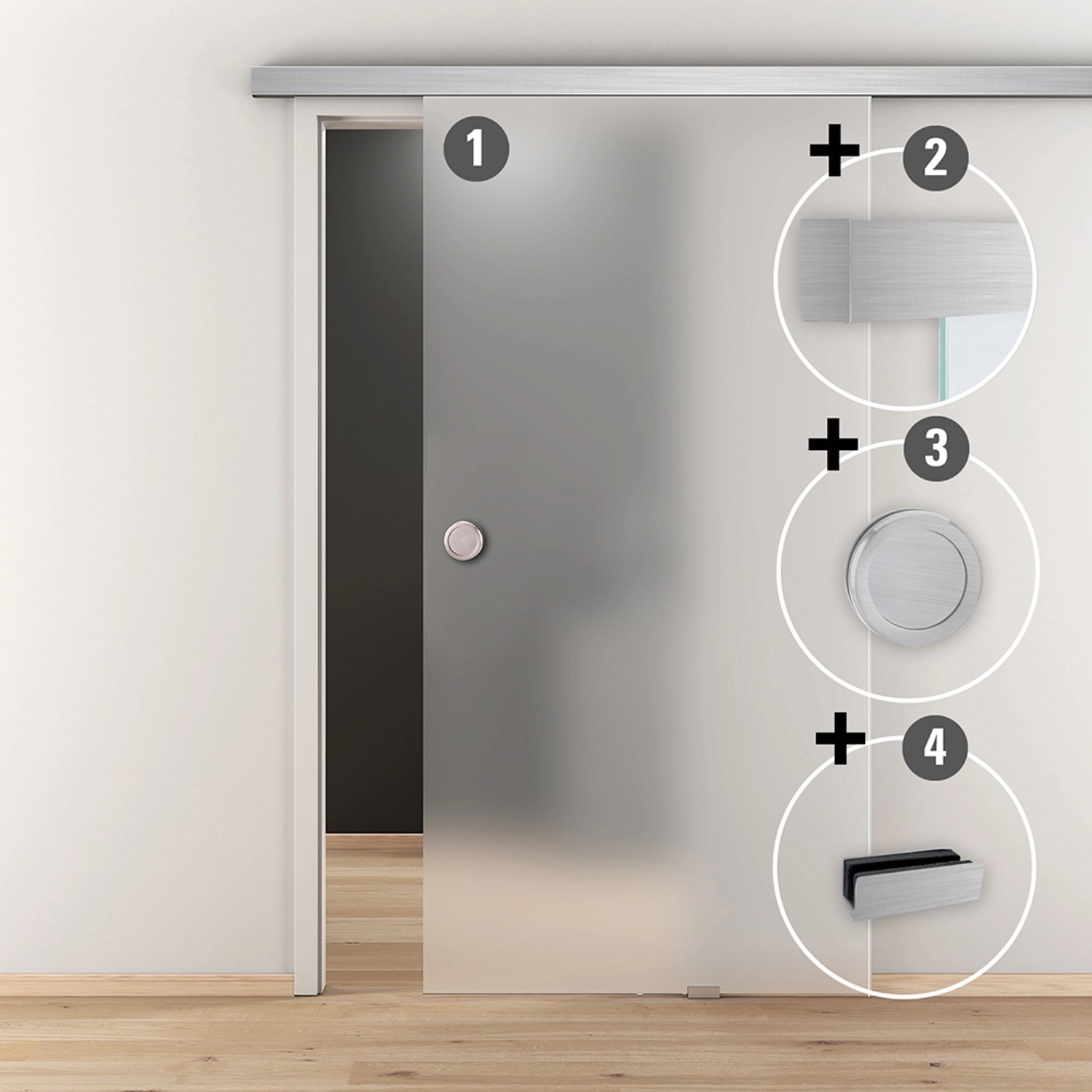 Glasschiebetür-Set Nova 501 Edelstahloptik mit Griffmuschel und Softeinzug