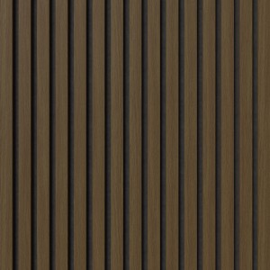 Akustikpaneel Muster Eiche Dunkel, foliert, mit schwarzem Filz. Detailaufnahme der Holzlamellen.