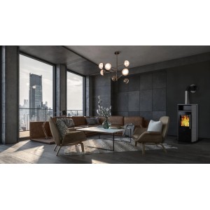 Kleining Mailand Naturstein Kaminofen Grau 6 kW im modernen Wohnzimmer.