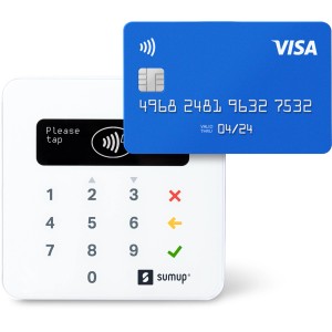 SumUp Air Kartenlesegerät mit Visa Karte für kontaktlose Zahlungen im Einzelhandel.