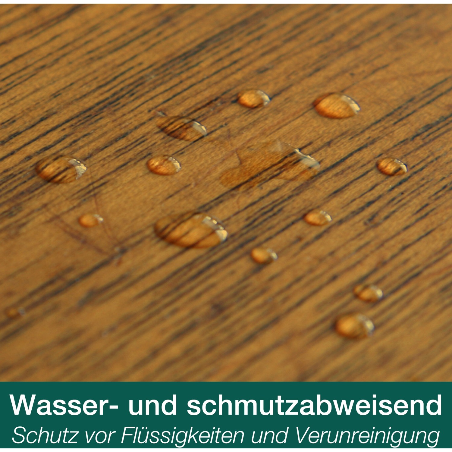 Holzoberfläche mit Wassertropfen, geschützt durch Bona Hartwachsöl-Pflege.