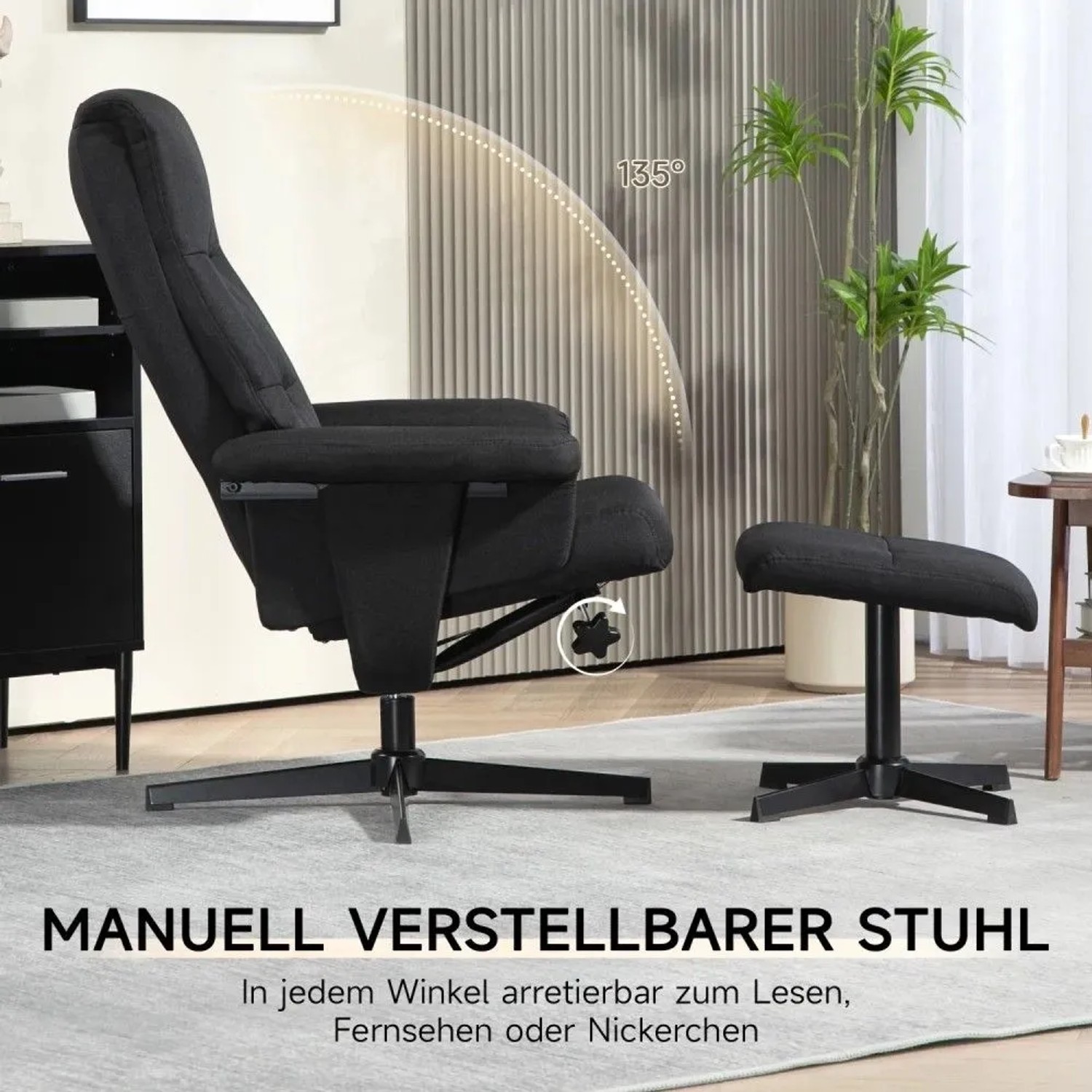 Schwarzer HOMCOM Relaxsessel mit Hocker. Manuell verstellbare Rückenlehne bis 135 Grad. Komfortabler Loungesessel.