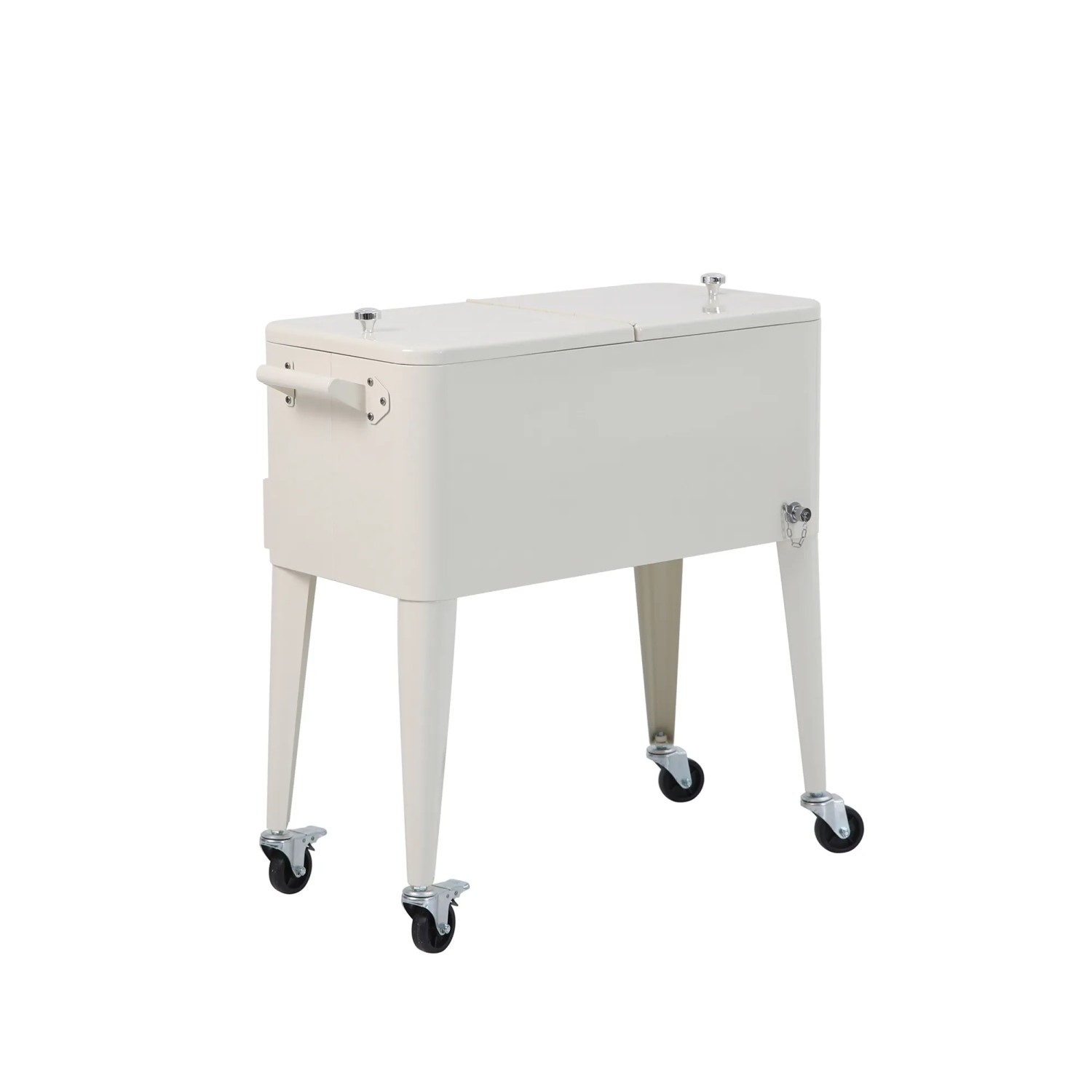 Beige Kühlbox Icy auf Rädern mit Stahlrahmen, Flaschenöffner und Rollen. Ideal für Grill- & Poolpartys.