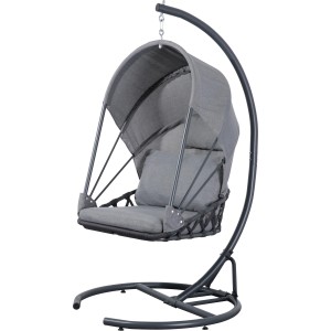 Anthrazitfarbener Acamp Hängesessel Moon mit Stahlgestell, Dach und Kissen. Ideal für Garten oder Terrasse.