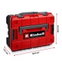 Roter Einhell Werkzeugkoffer Universal, 80-teilig, E-CASE Systemkoffer mit Maßangaben.