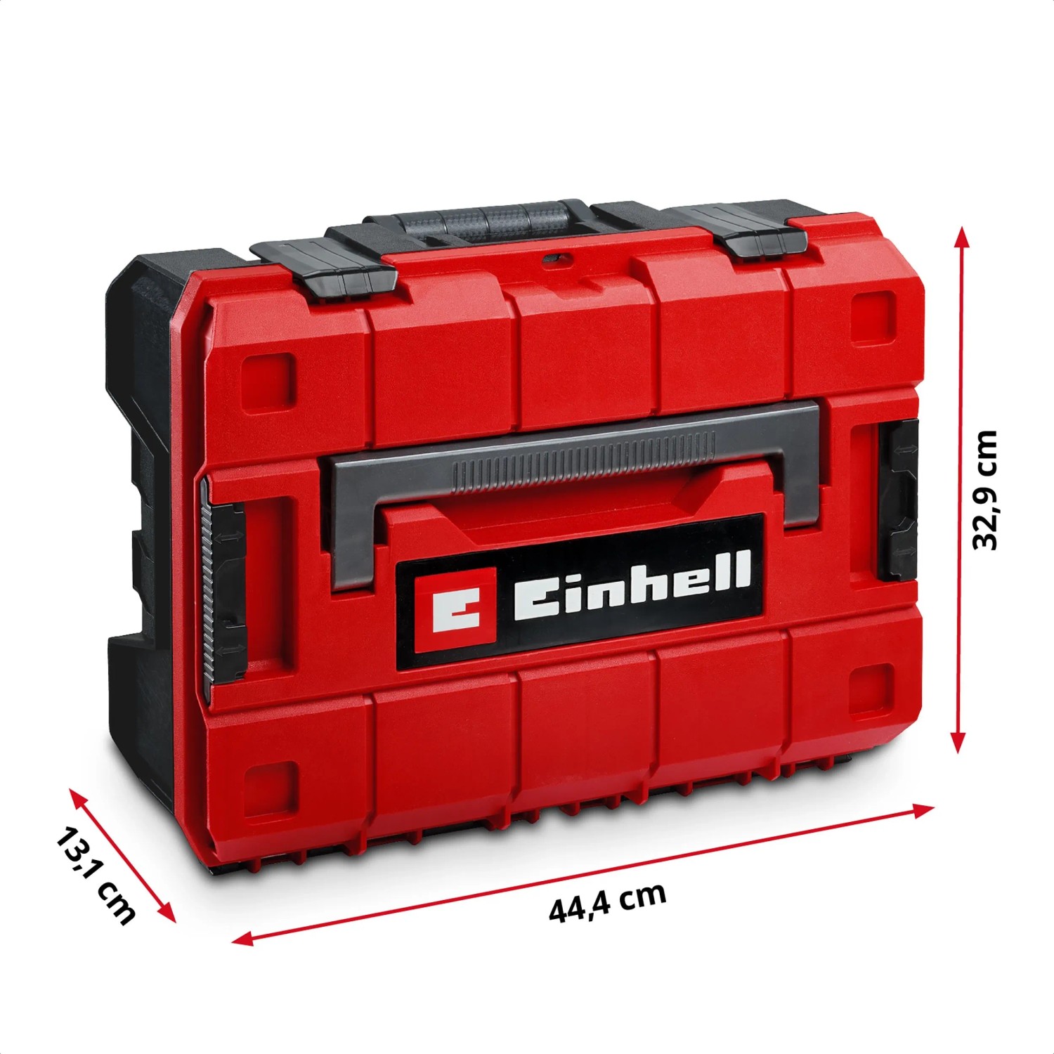 Roter Einhell Werkzeugkoffer Universal, 80-teilig, E-CASE Systemkoffer mit Maßangaben.
