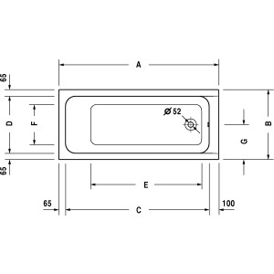 Technische Zeichnung der weißen Duravit D-Code Badewanne, 160x70 cm, mit Maßangaben.