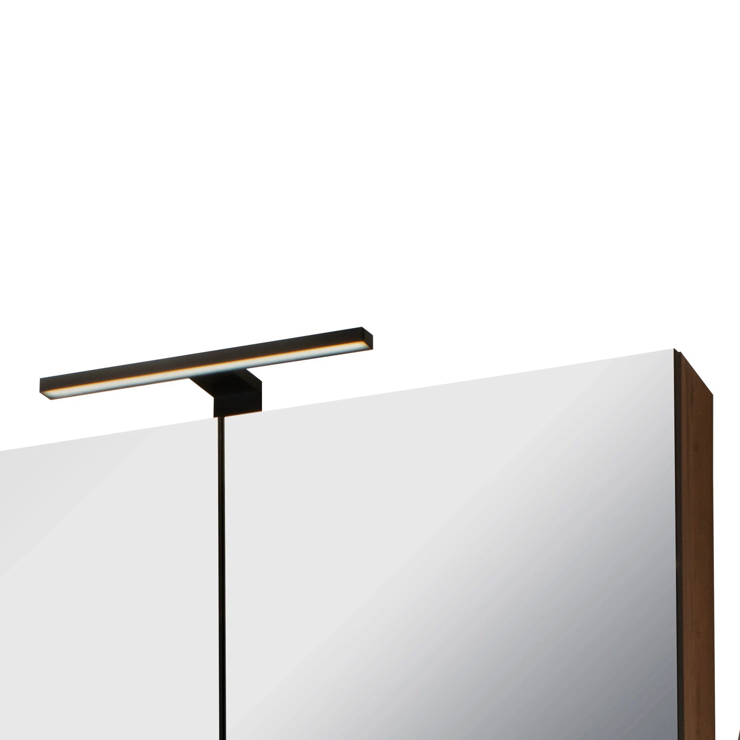 Detailaufnahme Spiegelschrank mit LED-Lampe des Badmöbel-Sets Cleo in Holzoptik Anthrazit.