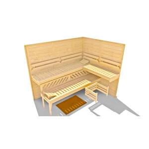 Weka Massivholzsauna Kemi 4 mit Glastür, Inneneinrichtung mit Liegen und Ofenschutz.
