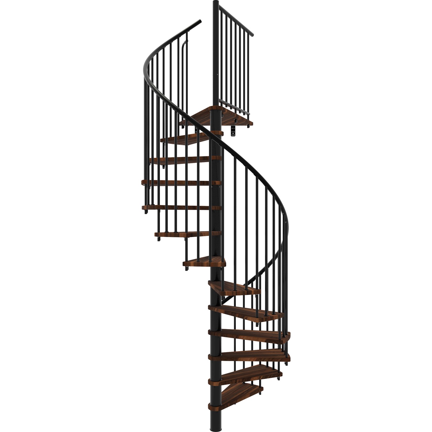 Minka Spindeltreppe Spiral Smart, Walnuss-Holzstufen, schwarzes Metallgeländer, Ø120cm.
