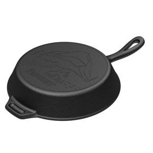 Schwarze Petromax Feuerpfanne FP25 Essential aus Gusseisen mit Stiel, ideal für Grill & Küche.