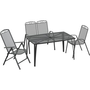 Gartenmöbel-Set: Tisch und 4 graue Sacramento Stapelstühle aus Stahlgeflecht.