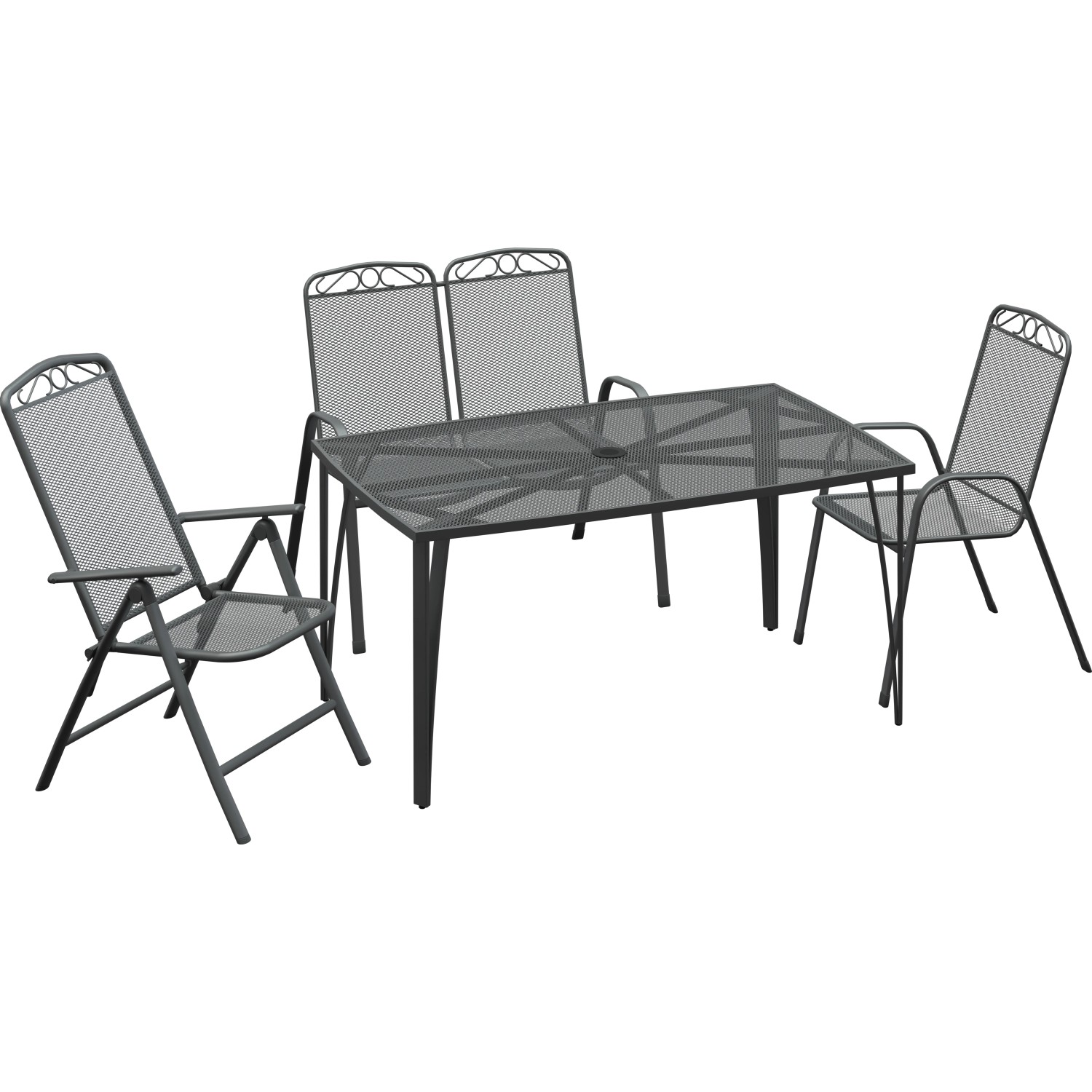 Gartenmöbel-Set: Tisch und 4 graue Sacramento Stapelstühle aus Stahlgeflecht.