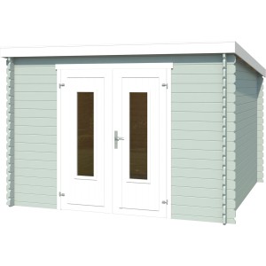 Lasita Holz-Gartenhaus Sacramento in Gletschergrün mit Doppeltür und Flachdach.
