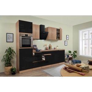 Respekta Premium Küchenzeile in Schwarz und Eiche NB mit E-Geräten und grifflosen Fronten.