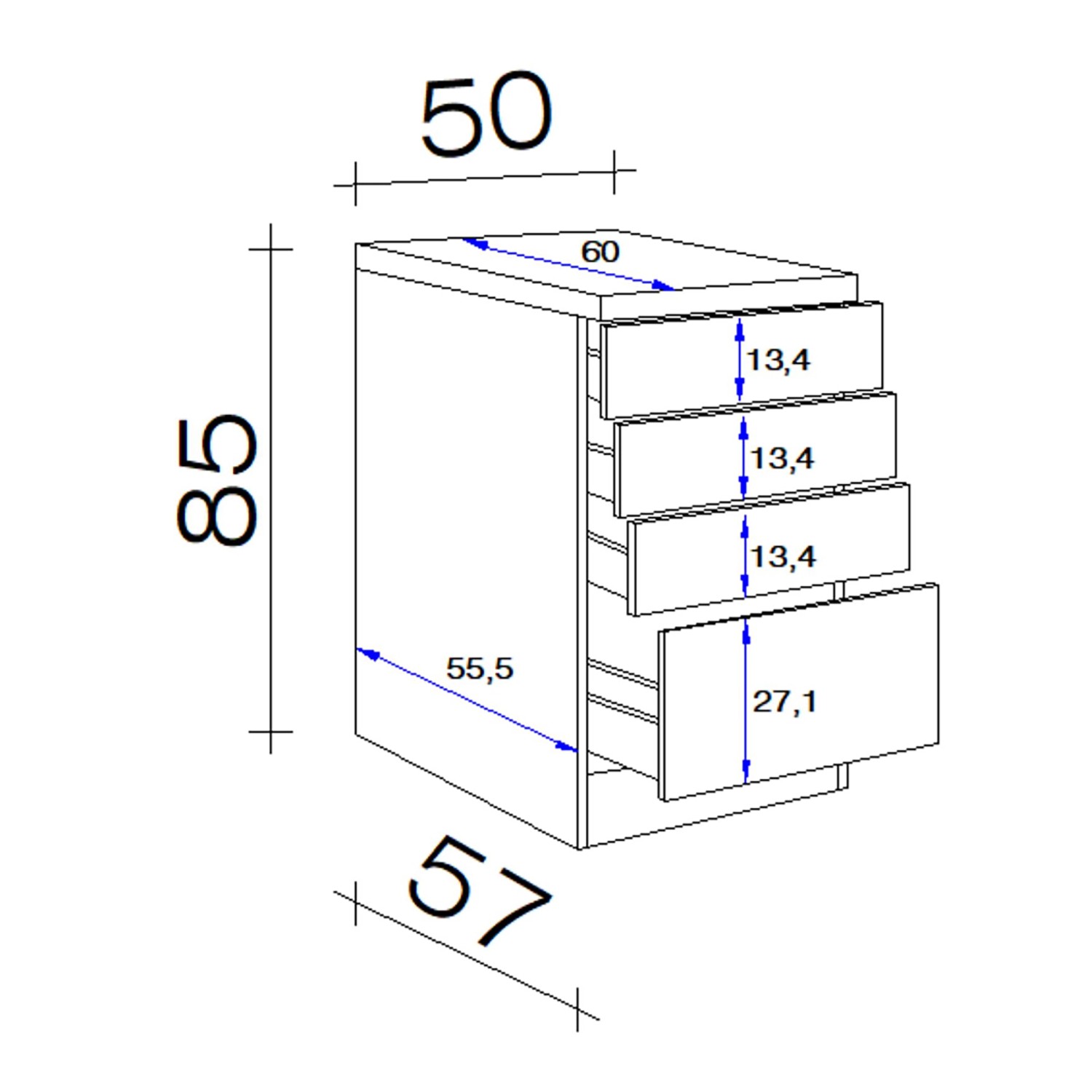 Skizze: Flex-Well Classic Küchenzeile Wito, Schubladenschrank mit Maßen. Einbauküche.