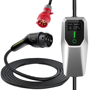 Mobiles Junsun EV Ladegerät 11kW, 3-phasig, mit Typ 2 Stecker und rotem CEE 16A Stecker. Zubehör für Elektroautos.