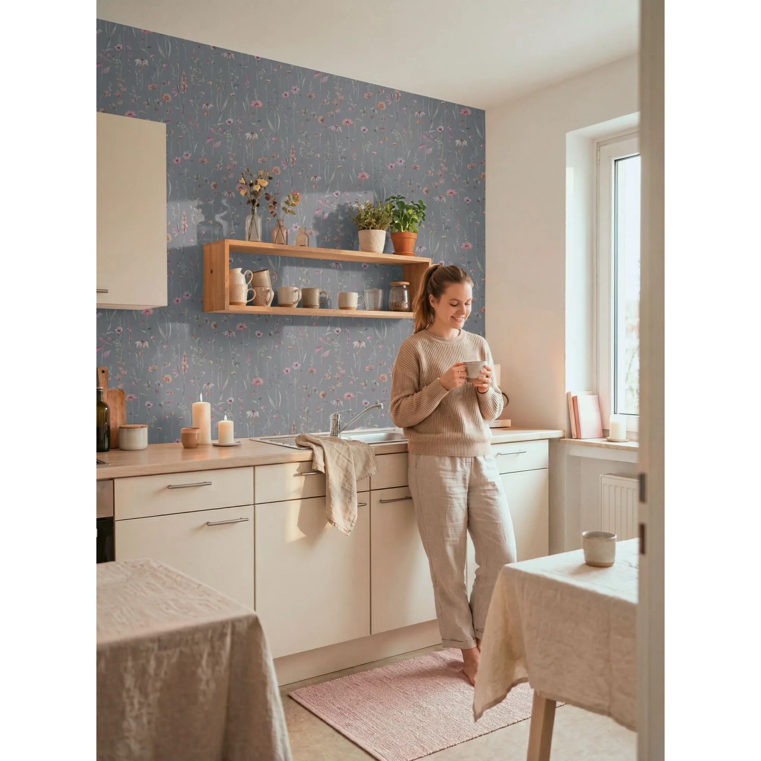 Grau-rosa Vliestapete mit zartem Blumenmuster an Küchenwand. Dekorative Tapete für ein wohnliches Ambiente.