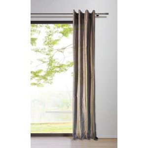 Blickdichter mydeco Schlaufenschal Dot Taupe, 300x135 cm, vor Fenster mit Ausblick.