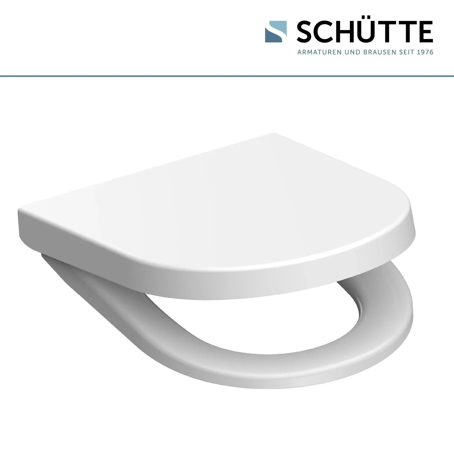 Weißer Schütte WC-Sitz D-Form aus Duroplast mit Absenkautomatik und Schnellverschluss.