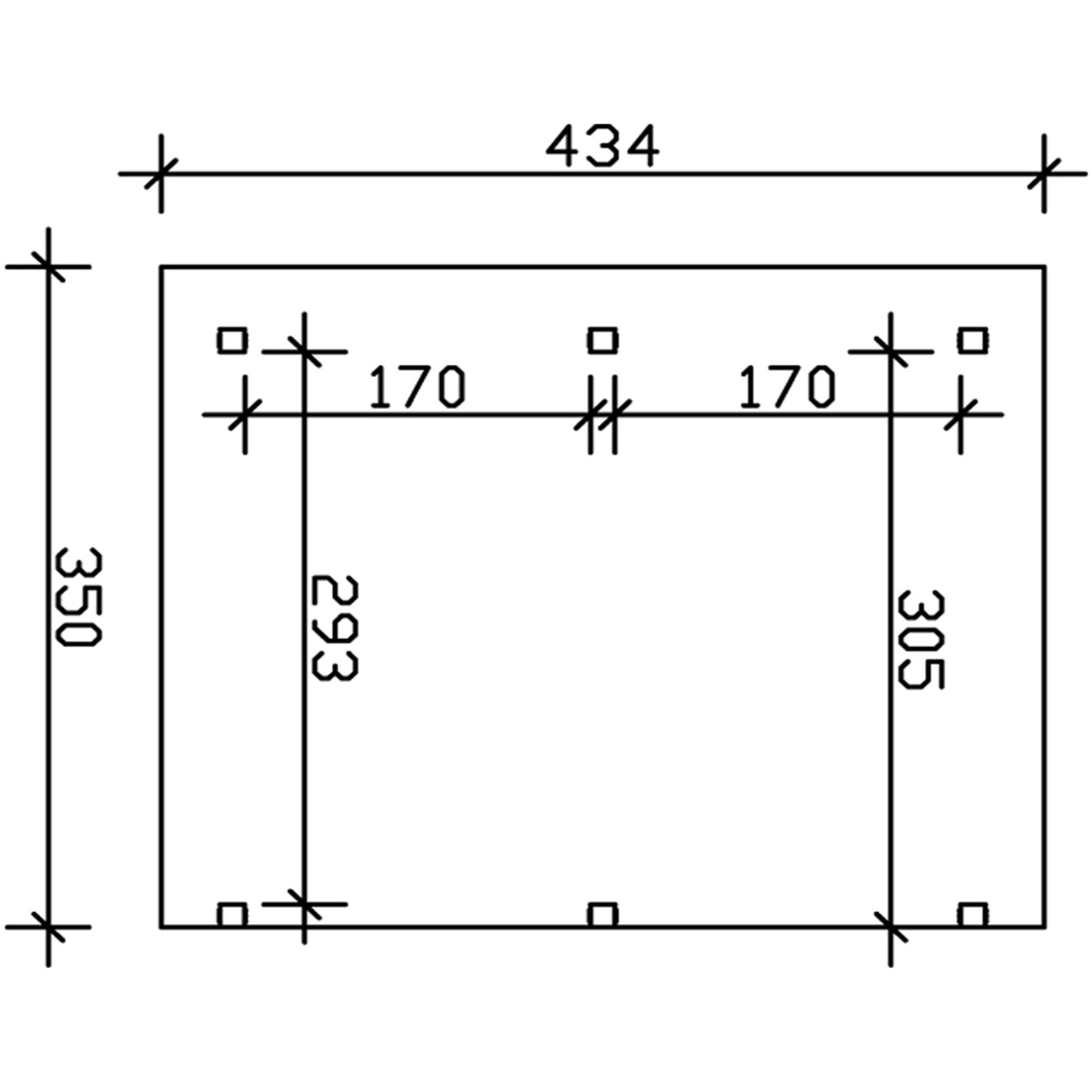 Skizze der Skan Holz Terrassenüberdachung Siena, 434x350 cm, mit Maßangaben.